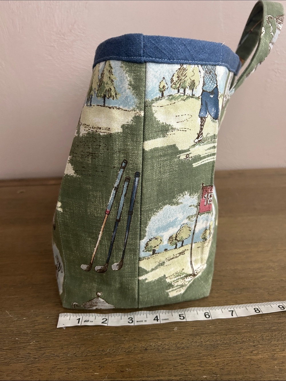 Vintage Handmade Toile Pattern Canvas Green Golf-Print Open Tote Bag. - Picture 10 of 10